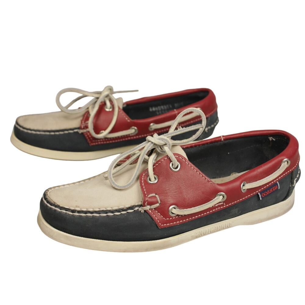 Sebago Docksides Boat Shoes‎ Womens 7.5 Red White Blue Leather USA Made Preppy